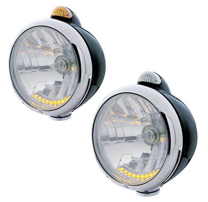 Black Guide Headlight with 10 Amber LED & Crystal Halogen Bulb