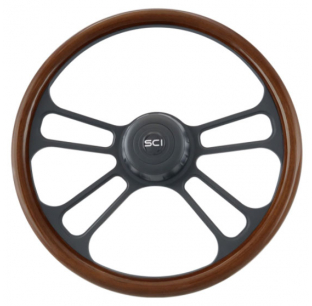 Phoenix 18 Inch Matte Black Wheel with Mahogany Rim, 4-Spoke 3-Hole Steering Wheel