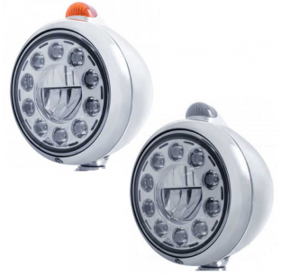 Stainless Chrome 7 Inch 11 LED Crystal Headlight with Top Mounted 5 Amber LED Dual Function Light