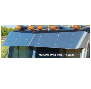 Peterbilt Flat Top Monster & Regular Drop Bow-Tie Visors for 2005-2016 Models, Stainless Steel, Cab Mounted Mirrors, Includes Hardware.