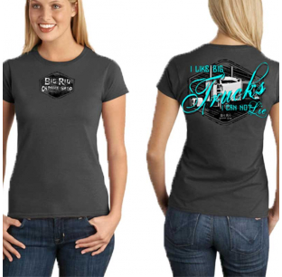 Big Rig Chrome Shop Ladies Tshirt - Turquoise Lettering, 100% Cotton, Sizes S-2XL, Fitted, Sold Each