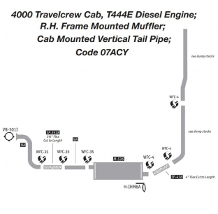 International 4000 Travelcrew Cab T444E Diesel Exhaust Layout with R.H. Frame Mounted Muffler and Cab Mounted Vertical Tail Pipe