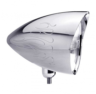 7 Inch Mariah Concours Rocket Headlight Housing with Flames & Visor, Chrome or Polished Aluminum Finish