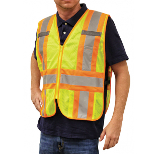 Multisafe Adjustable Safety Vest, Bright Yellow Polyester Mesh, Reflective Markings, 5 Sizes, Zipper Front, 3 Pockets, Class 2 ANSI/ISEA 107-2004