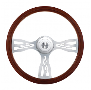 18 Inch Flame Steering Wheel for Peterbilt and Kenworth Trucks with Chrome Flame Spokes and Horn Button