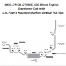 International 530 Diesel Exhaust Layout with Travelcrew Cab, L.H. Frame Mounted Muffler, Vertical Tail Pipe - Fits International 4000, DT408, DT466E