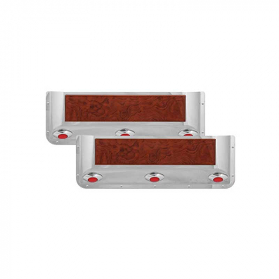 Stainless Steel Door Pockets with Rosewood Trim and 3 Red LED Lights for Peterbilt 359/370