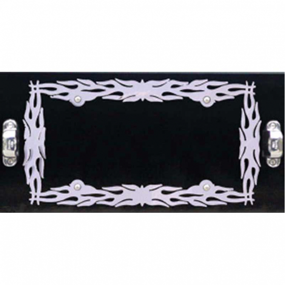 Flamed Perimeter License Plate Frame - Laser Cut Stainless Steel - Fits Most Makes and Models - Roadworks 1 Year Warranty