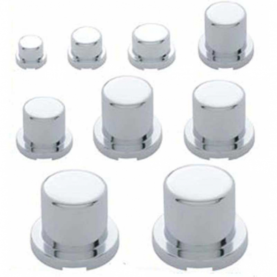 Chrome Flat Top Nut Cover Push On No Flange w/ 10 Sizes in 10 Pk