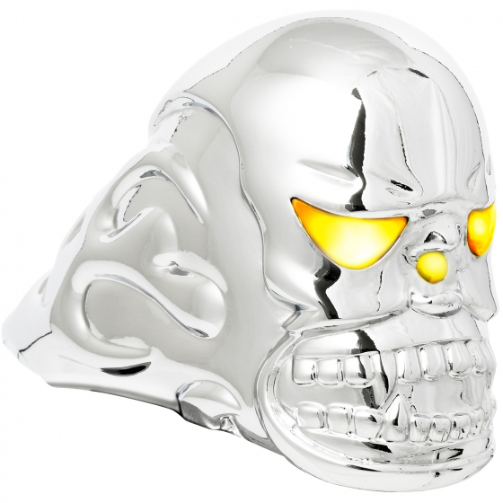 Chrome Amber Illuminated Flame Skull Hood Ornament