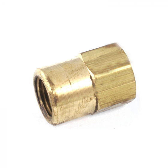 Alt text: "INVERTED FLARE FEM CONN 3/8X1/4X5/8 brass fitting for hydraulic tubing, UL compliant, meets SAE J246"