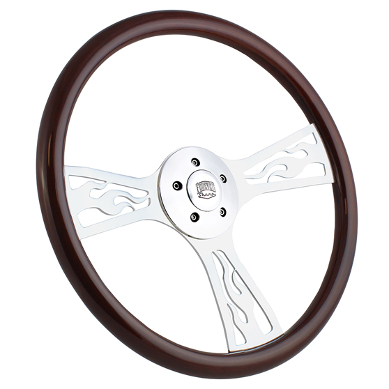 18 Inch Chrome Dark Wood Flame Steering Wheel