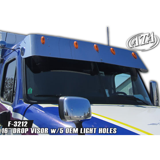 Freightliner Cascadia Flat Top Stainless Steel 16 Inch Drop Visor With 5 OEM Light Cutouts