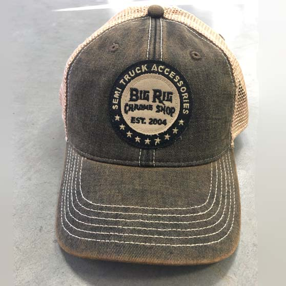 Big Rig Chrome Shop Tan And Black Legacy Old Favorite Trucker Hat With Tan Logo And Mesh Back