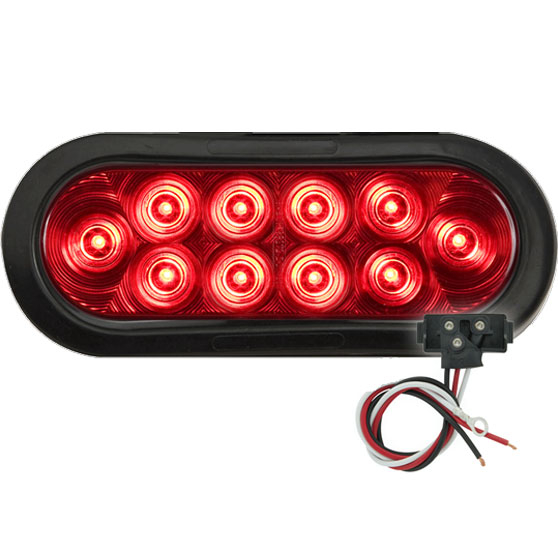 6 Inch Oval 10 LED Red Stop, Turn And Tail Light Kit With Grommet And Right Angle PL-3 Pigtail