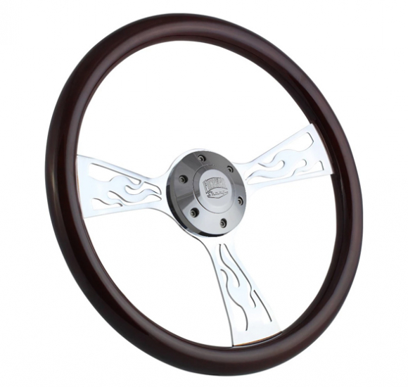 15 Inch Chrome Flame Dark Wood Steering Wheel