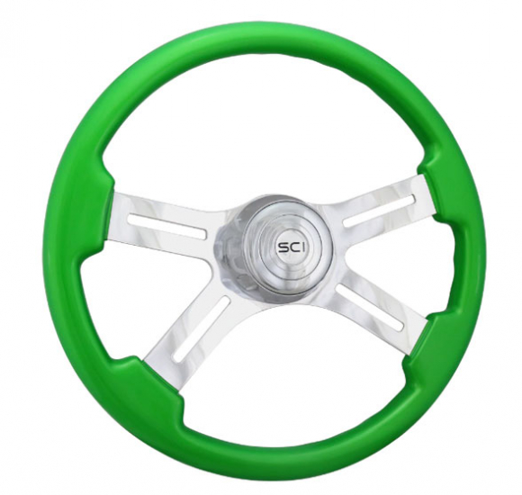 18 Inch Green "Diesel" Brushed Aluminum Slotted Four-Spoke Steering Wheel