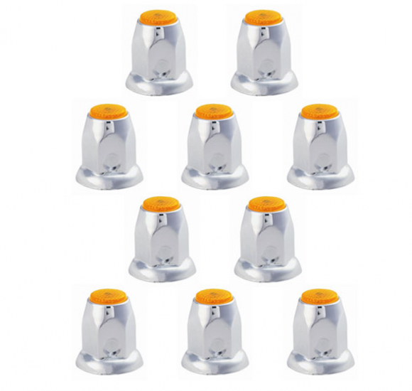 10 Pack Of 33mm By 2-1/8 Inch Amber Top Reflector Push-On Lug Nut Covers With Flange