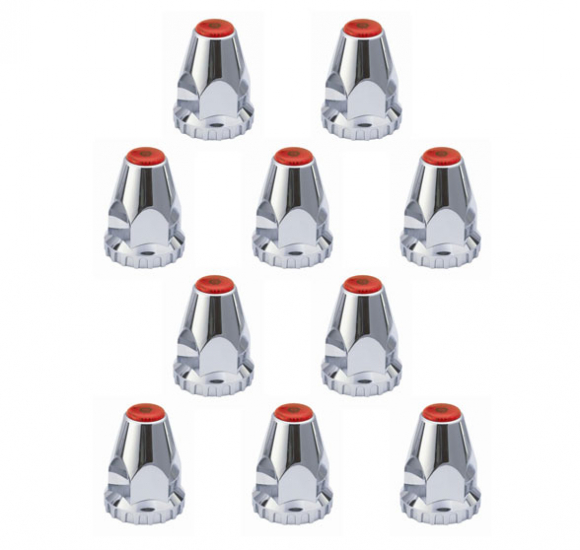 10 Pack Of 33mm By 2-7/8 Inch Red Reflector Top Chrome Plastic Thread-On Lug Nut Covers With Flange