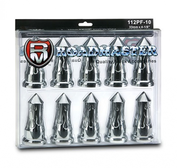 10 Pack Of 33mm By 4-1/8 Inch Chrome Plastic Soaring Flame Push-On Lug Nut Covers