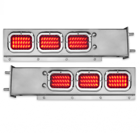 3.75 Inch Bolt Pattern Two Piece Stainless Steel Spring Loaded Rear Light Bar With Red Rectangular LED Lights And Chrome Plastic Bezel