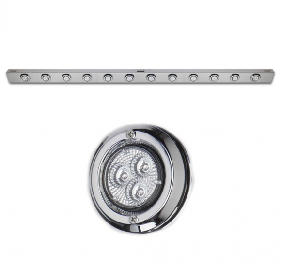 87-1/2 Inch Stainless Front Bumper Light Bracket With Twelve Clear LED Clearance Lights And Chrome Plastic Bezels