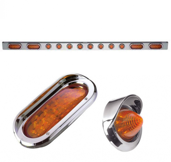 87-1/2 Inch Stainless Front Bumper Light Bracket With Four Oval Amber LED Lights, Eight 2 Inch Beehive Amber LED Clearance Lights, And Chrome Plastic Visor Style Bezels