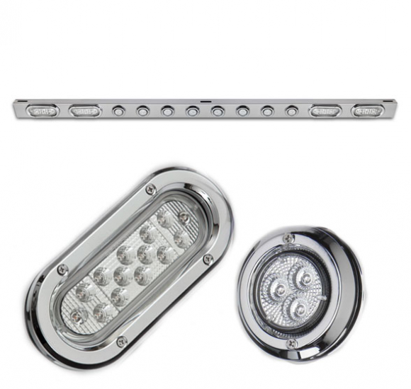 87-1/2 Inch Stainless Front Bumper Light Bracket With Four Oval Clear Lens LED Lights, Eight 2 Inch Round Clear Lens LED Clearance Lights, And Chrome Plastic Flat Bezels