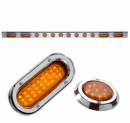 87-1/2 Inch Stainless Front Bumper Light Bracket With Four Oval Amber LED Lights, Eight 2 Inch Round Amber LED Clearance Lights, And Chrome Plastic Flat Bezels